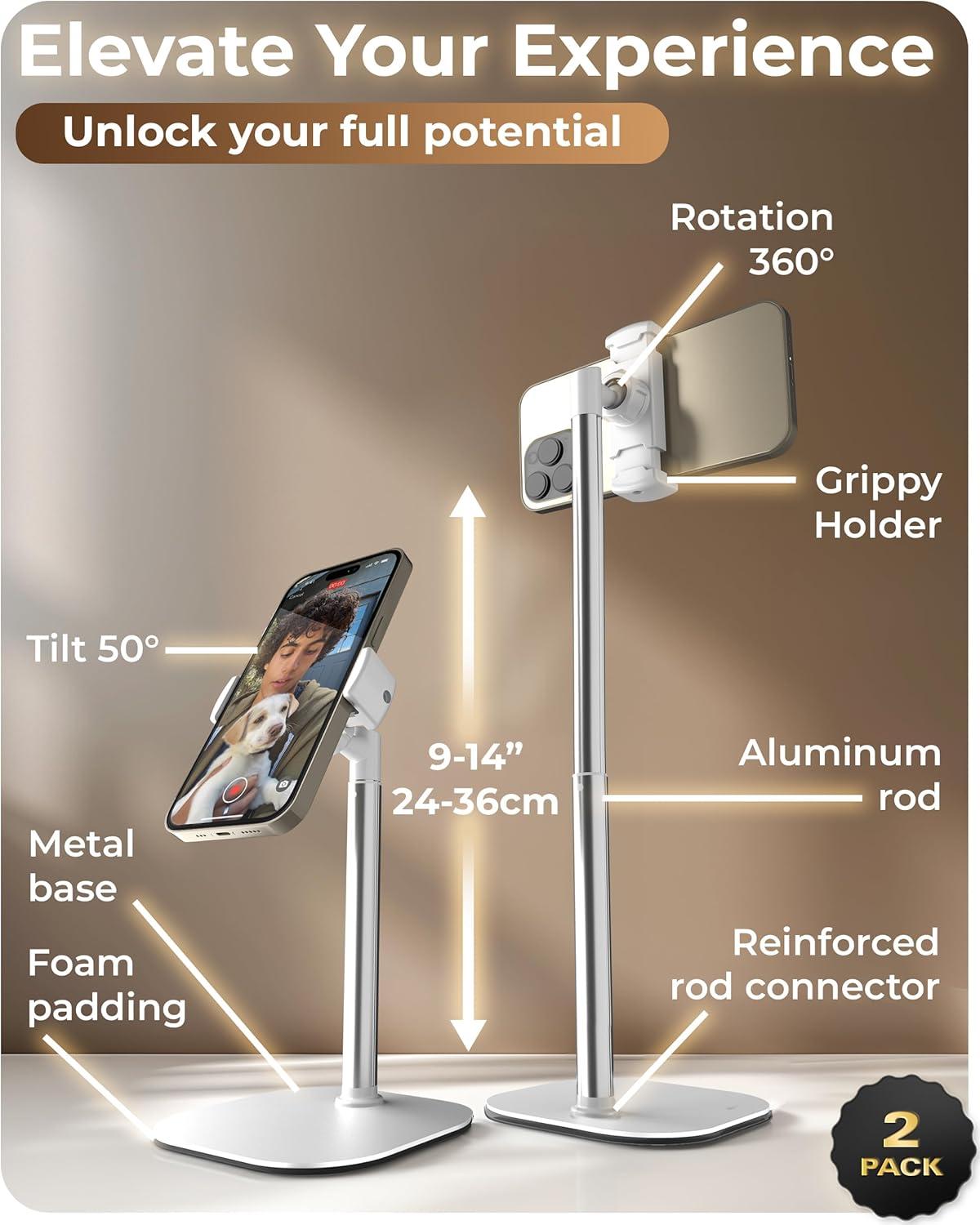 imageCOOPER ChatStand Adjustable Cell Phone Stand for Desk Phone Stand for Recording iPhone Holder for Filming Small Tripod for iPhone Fits Samsung Android Smartphones Metallic Grayx2 Pack All White