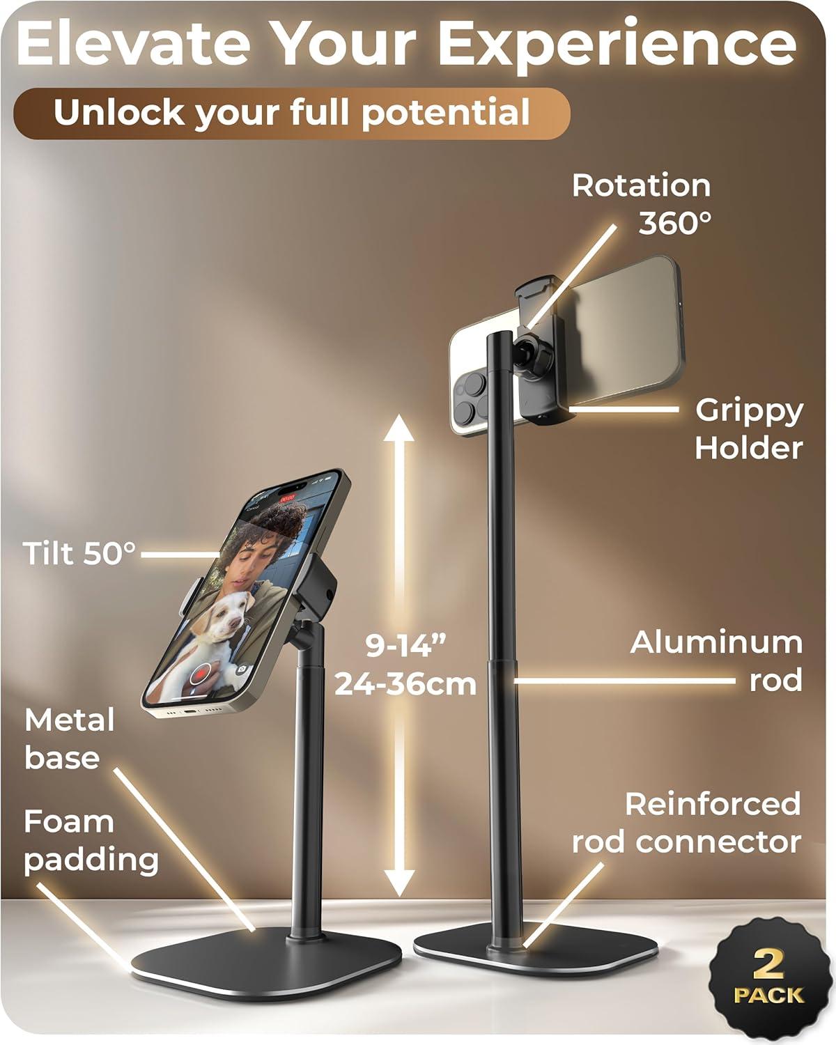 imageCOOPER ChatStand Adjustable Cell Phone Stand for Desk Phone Stand for Recording iPhone Holder for Filming Small Tripod for iPhone Fits Samsung Android Smartphones Metallic Grayx2 Pack All Black