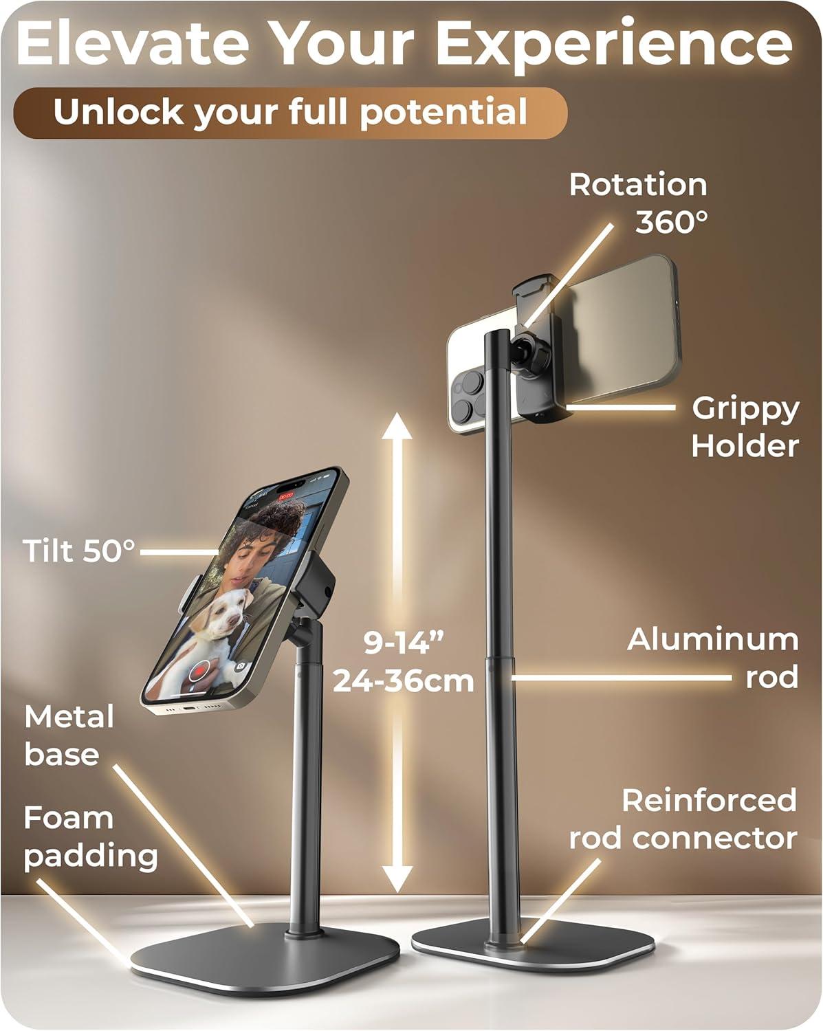 imageCOOPER ChatStand Adjustable Cell Phone Stand for Desk Phone Stand for Recording iPhone Holder for Filming Small Tripod for iPhone Fits Samsung Android Smartphones Metallic GrayC Metallic Gray