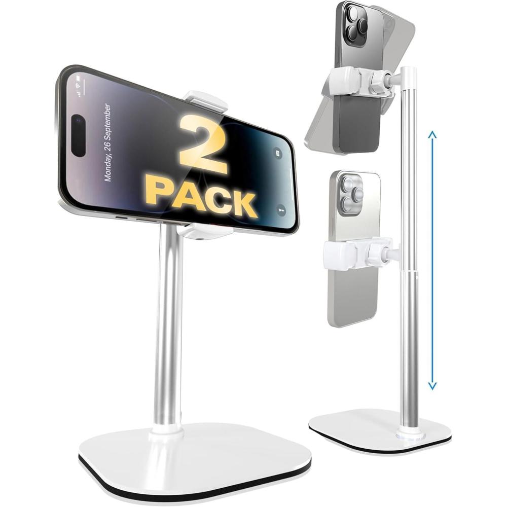 imageCOOPER ChatStand Adjustable Cell Phone Stand for Desk Phone Stand for Recording iPhone Holder for Filming Small Tripod for iPhone Fits Samsung Android Smartphones Metallic Grayx2 Pack All White