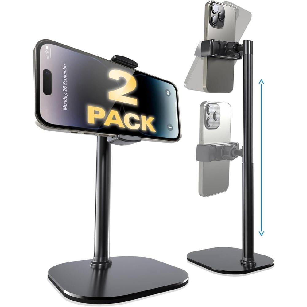 imageCOOPER ChatStand Adjustable Cell Phone Stand for Desk Phone Stand for Recording iPhone Holder for Filming Small Tripod for iPhone Fits Samsung Android Smartphones Metallic Grayx2 Pack All Black