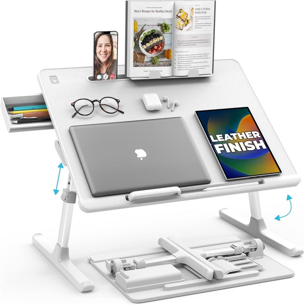 imageCooper DeskPRO XL 236 Ergonomic Adjustable Laptop Bed Desk Laptop Bed Table Tray for Eating Computer Writing Floor Couch Large Lap Desk for Adults Leather Drawer Book Stand White