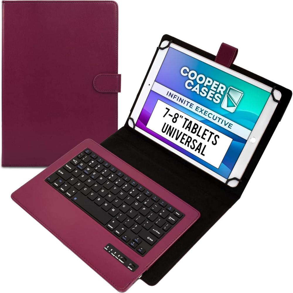 imageCooper Infinite Executive Universal Tablet Keyboard Case for 7 79 8 inch  Tablet Case with Keyboard amp 2in1 Leather Folio Cover  Bluetooth Wireless Hotkeys  Android Windows iPadOS RedDark Purple
