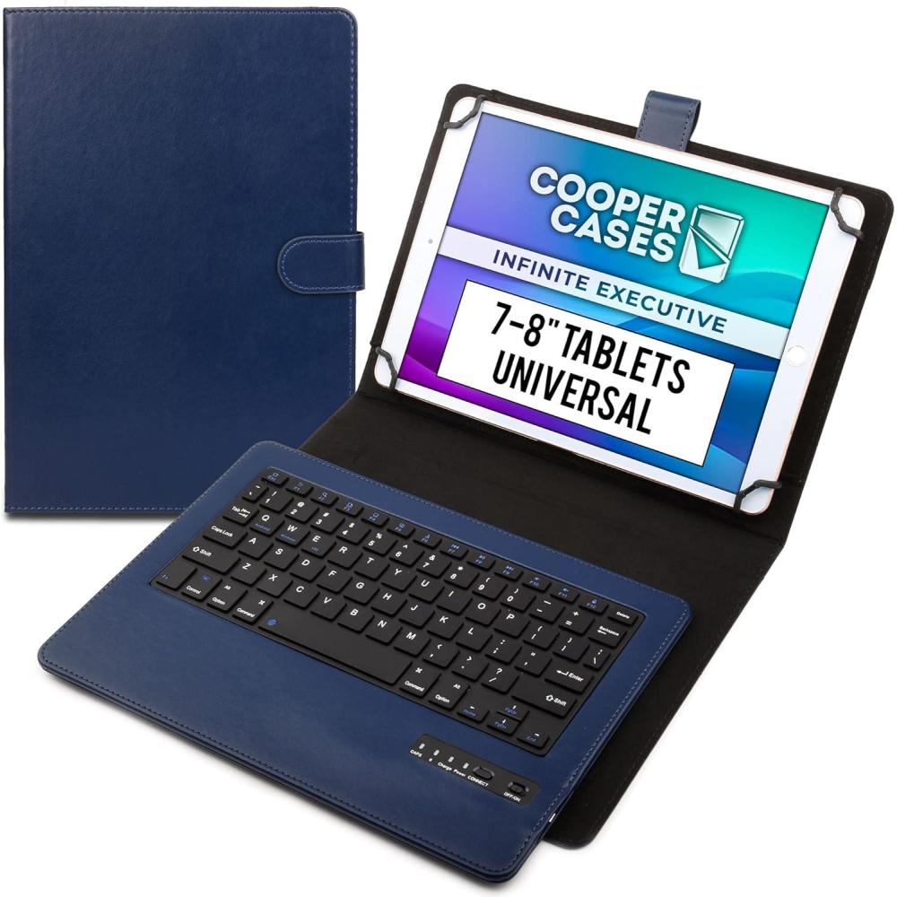 imageCooper Infinite Executive Universal Tablet Keyboard Case for 7 79 8 inch  Tablet Case with Keyboard amp 2in1 Leather Folio Cover  Bluetooth Wireless Hotkeys  Android Windows iPadOS BlueDark Blue