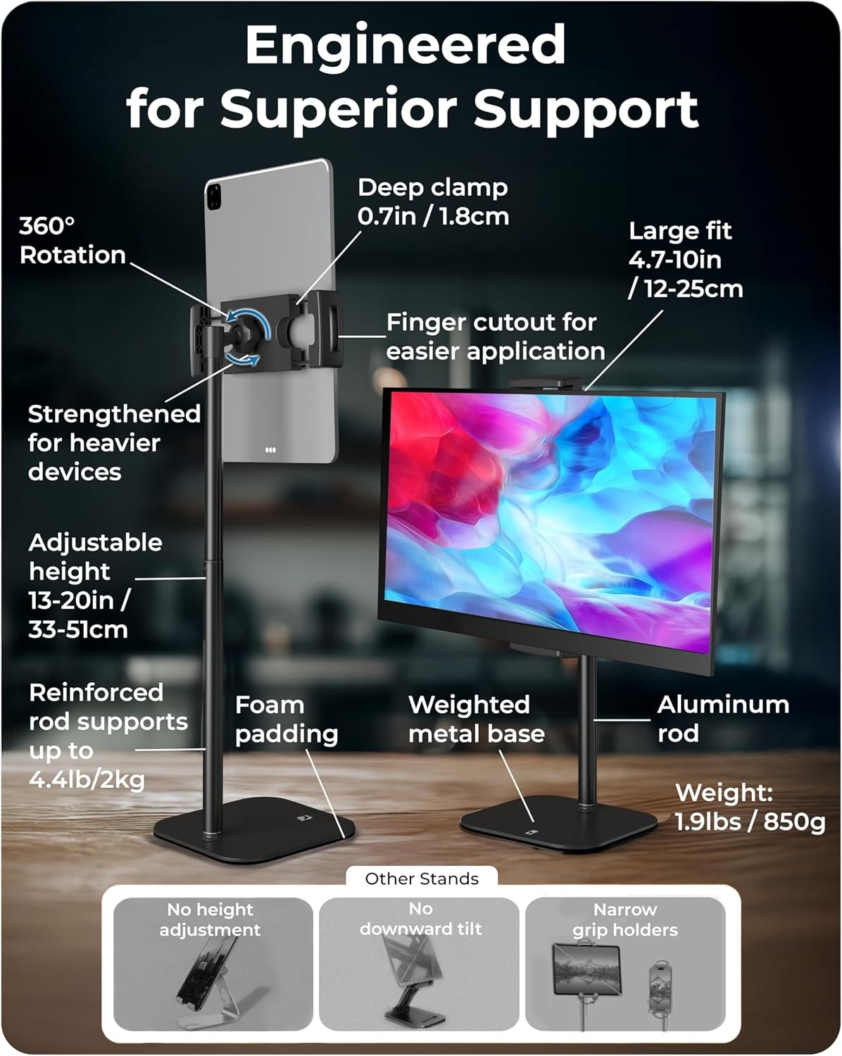 image:imageCOOPER TabStand Mini 10 Height Adjustable Tablet Stand Ipad Stand for Desk Portable Monitor Holder Heavy Duty Grip Tripod iPad Holder Tablet Mount for Samsung Tablets Kindle eReaders BlackA Black