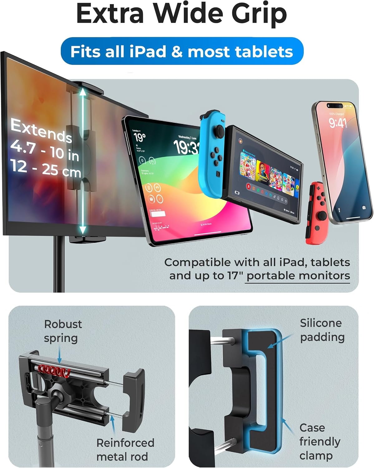 image:imageCOOPER TabStand Mini 10 Height Adjustable Tablet Stand Ipad Stand for Desk Portable Monitor Holder Heavy Duty Grip Tripod iPad Holder Tablet Mount for Samsung Tablets Kindle eReaders BlackA Black
