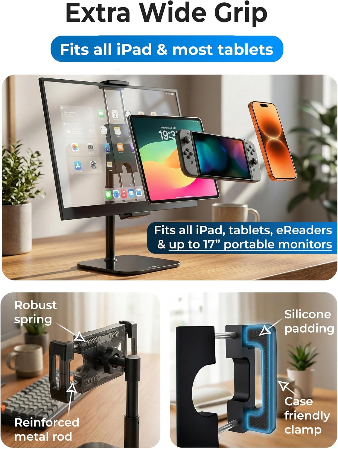 image:imageCOOPER TabStand Mini 10 Height Adjustable Tablet Stand Ipad Stand for Desk Portable Monitor Holder Heavy Duty Grip Tripod iPad Holder Tablet Mount for Samsung Tablets Kindle eReaders BlackC Mini Black