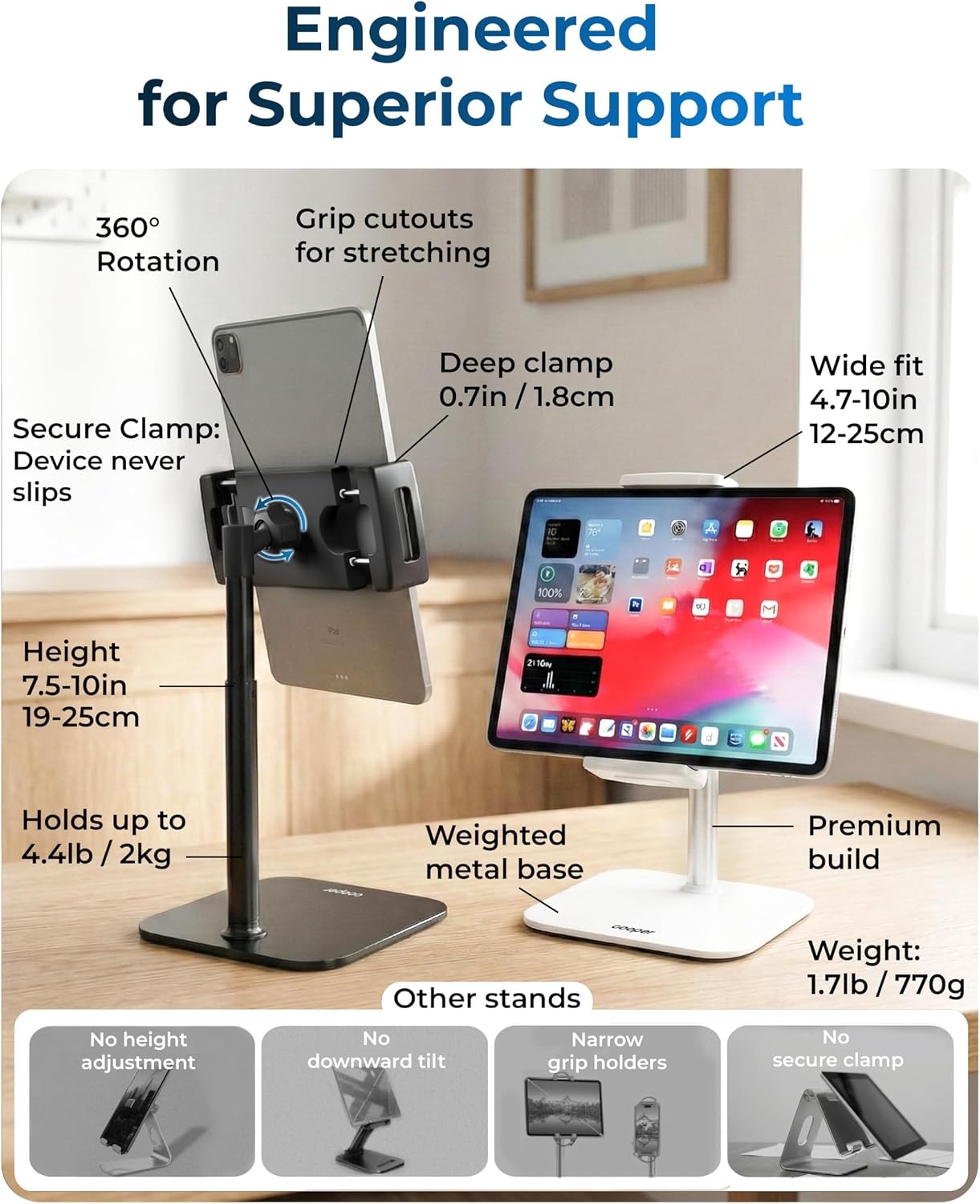 image:imageCOOPER TabStand Mini 10 Height Adjustable Tablet Stand Ipad Stand for Desk Portable Monitor Holder Heavy Duty Grip Tripod iPad Holder Tablet Mount for Samsung Tablets Kindle eReaders BlackC Mini Black
