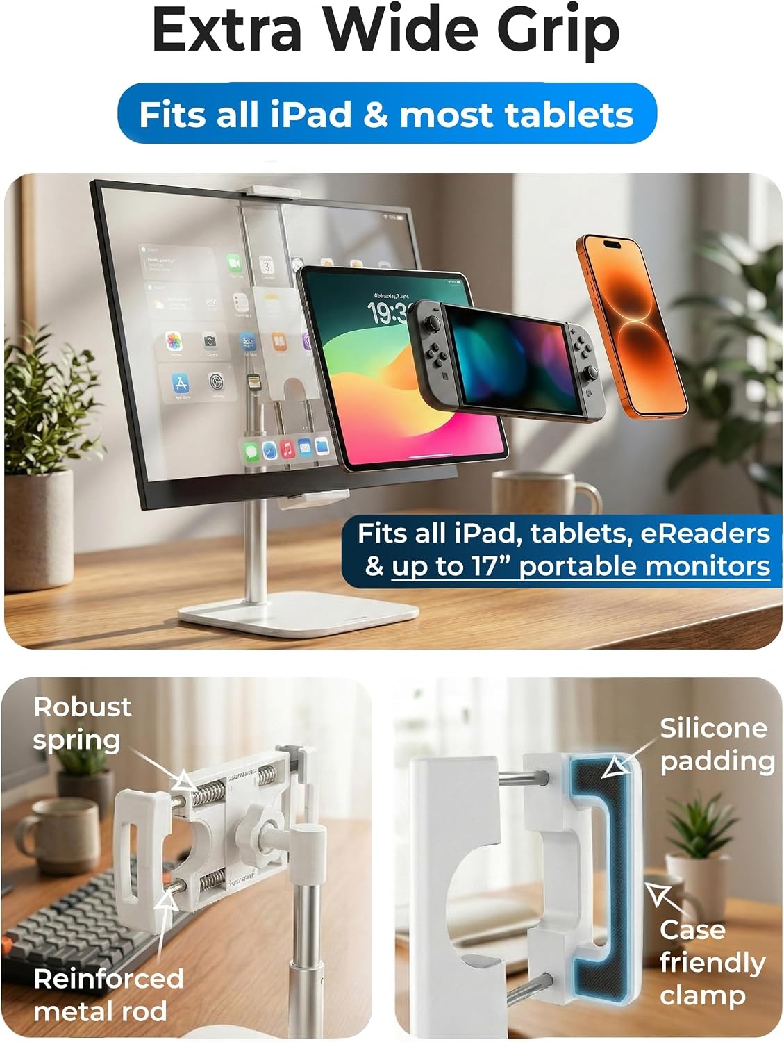 image:imageCOOPER TabStand Mini 10 Height Adjustable Tablet Stand Ipad Stand for Desk Portable Monitor Holder Heavy Duty Grip Tripod iPad Holder Tablet Mount for Samsung Tablets Kindle eReaders BlackD Mini White
