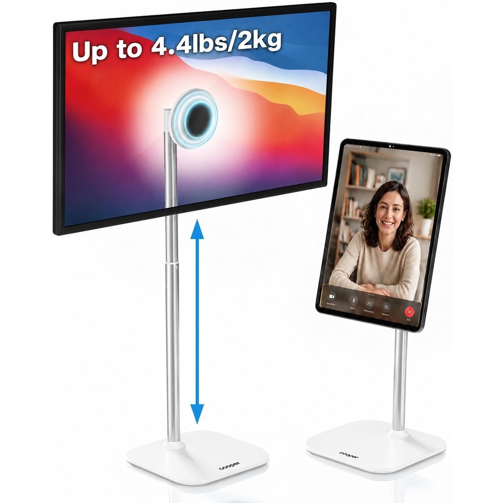 image:imageCOOPER TabStand Magnetic Portable Monitor Stand Tall Tablet Stand for Desk  1320 Adjustable iPad Holder for Desk Weighted Metal Base Strong Magnet incl 2 Steel Rings Holds any Device up to 44lbWhite
