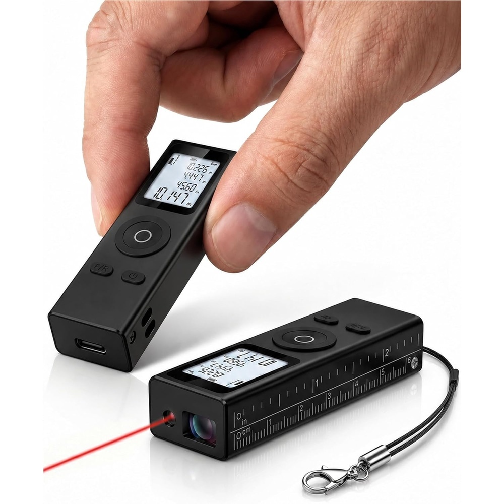 image:imageCooper Ray Mini Laser Measuring Tool Pocket Size Laser Tape Measure  27in 1oz Keychain Digital Tape Measure 2mm 100ft Range INFTM No App Metal Body Backlit Display USBC Great Gift
